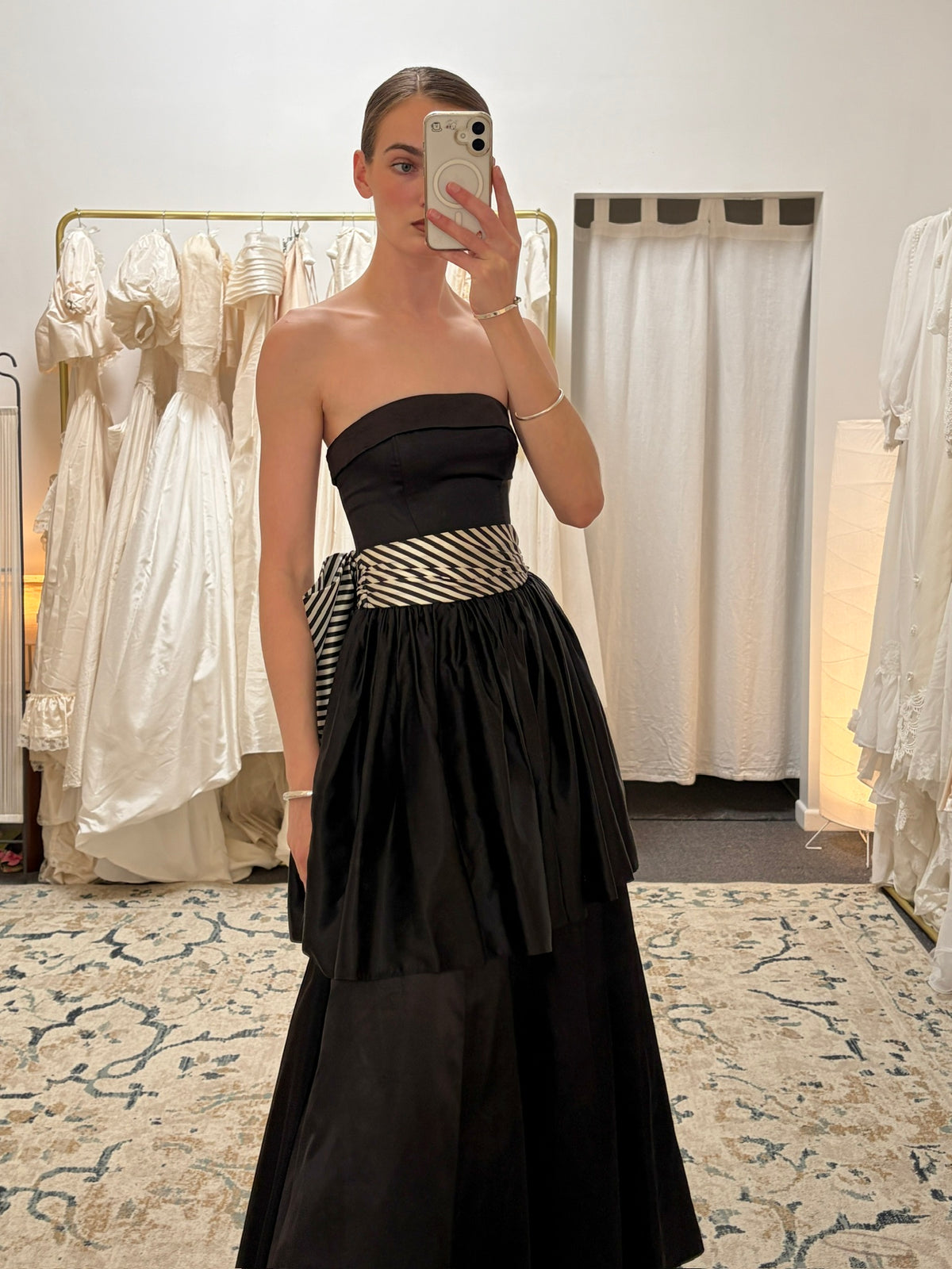 Vintage 1988 Jessica McClintock Gunne Sax black evening gown with striped bow