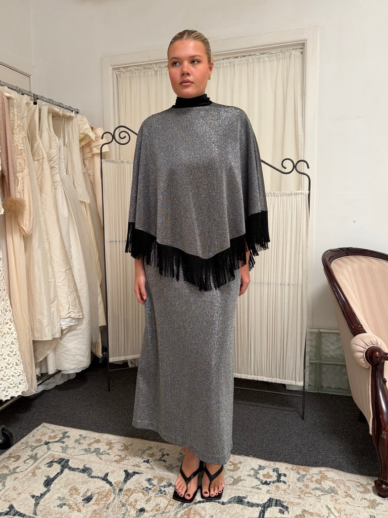 Vintage 70s silver evening dress with matching fringed cape