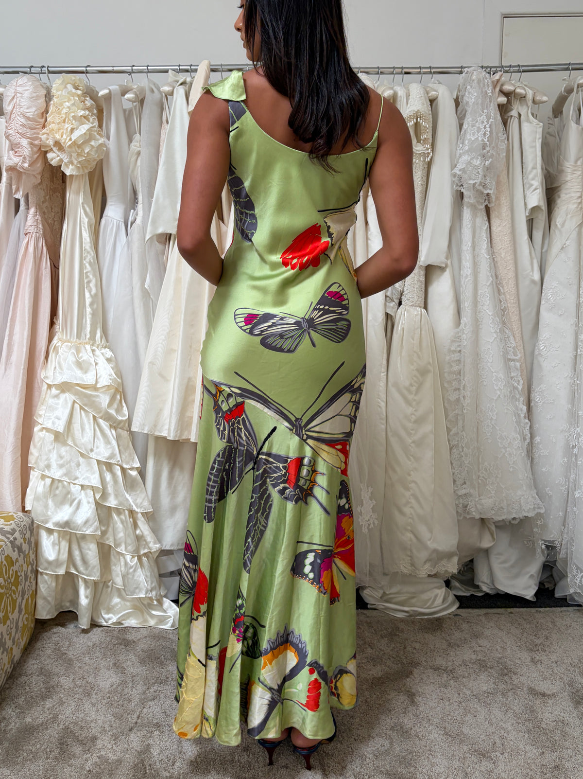 Vintage 00s green silk butterfly slip dress with ruffles