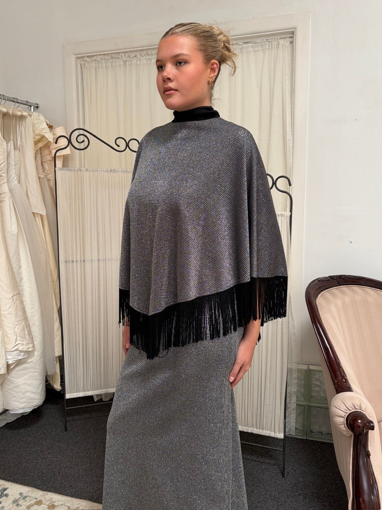Vintage 70s silver evening dress with matching fringed cape