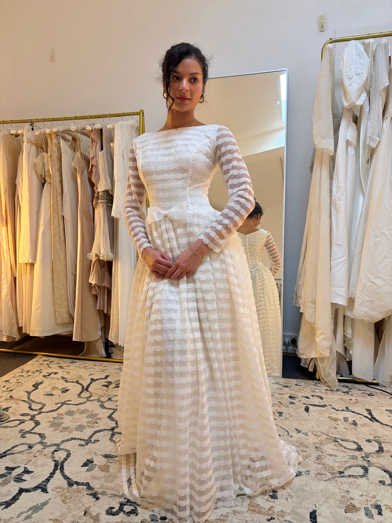 Vintage 60s lace long sleeve striped wedding gown with bows
