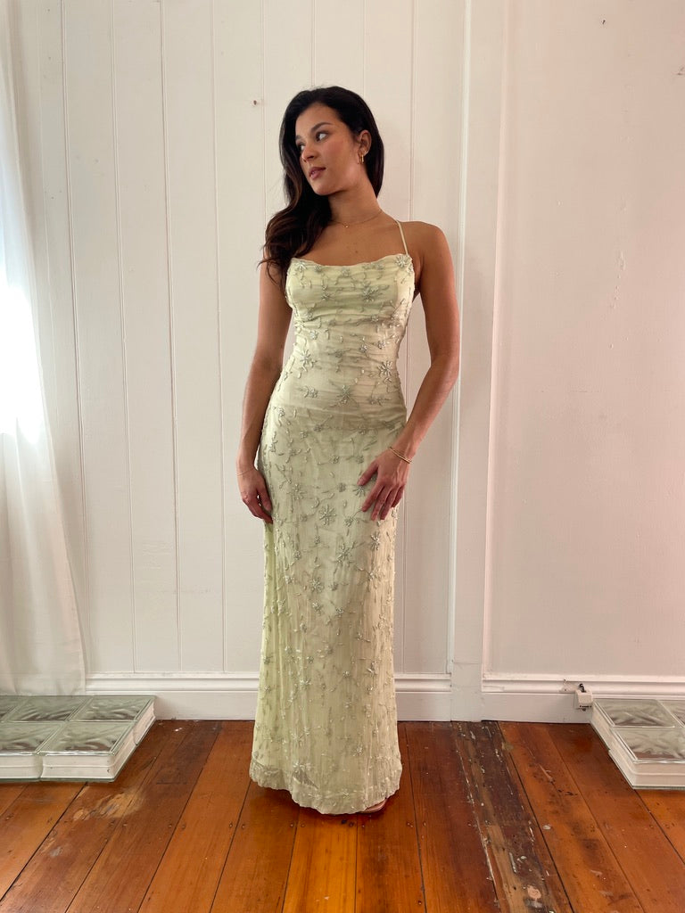 Vintage 90s pistachio green silk beaded evening dress
