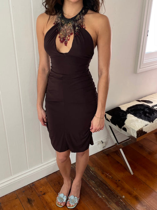 Vintage 90s brown backless mini dress with beaded fringe neckline