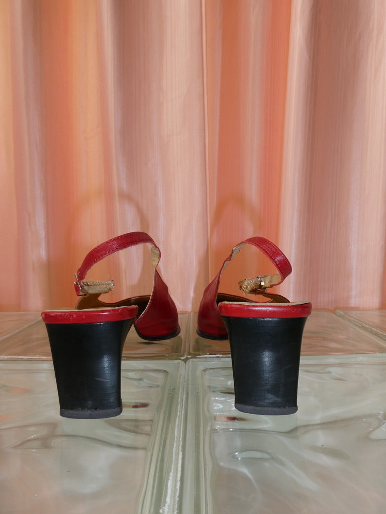 90s red leather square toe slingback kitten heels size 40