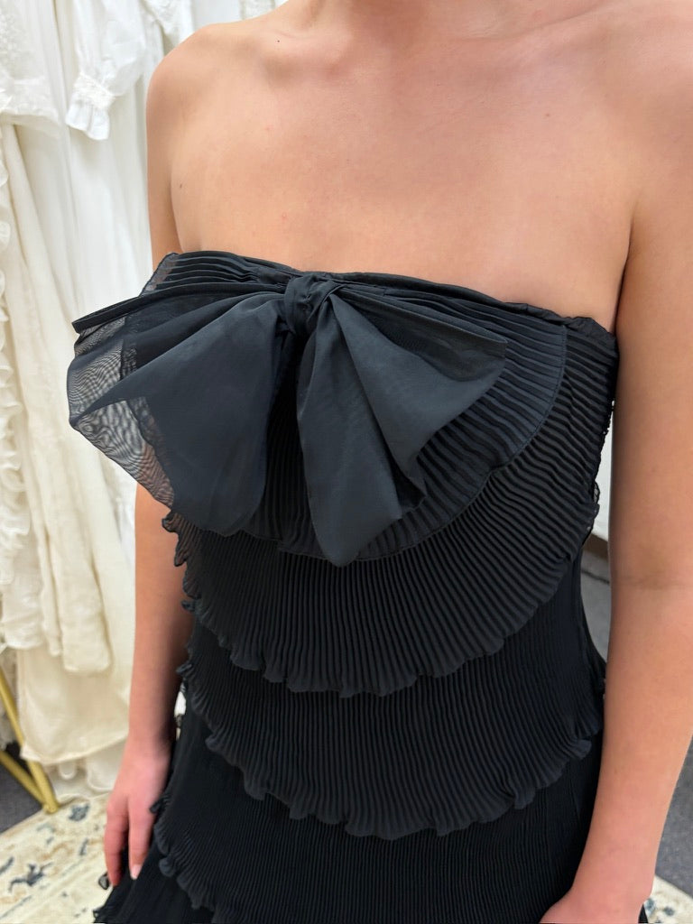 Vintage 80s Frank Usher tiered pleated black strapless dress