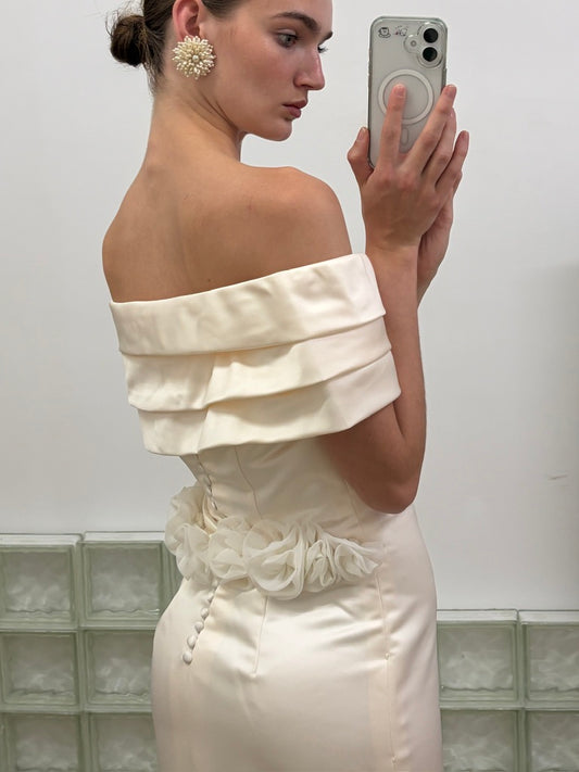 Vintage 1997 silk off shoulder wedding dress with rosettes