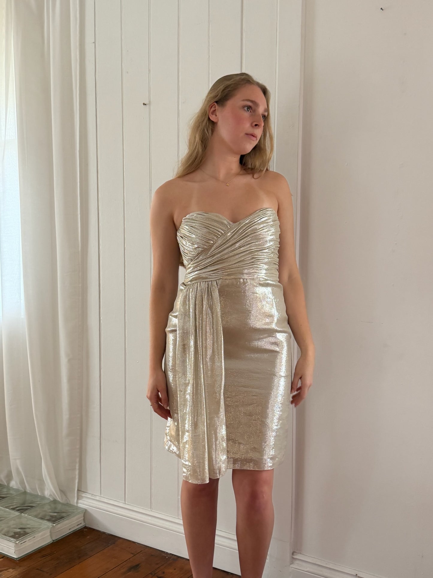 Vintage Y2K Vera Wang gold foiled silk mini dress