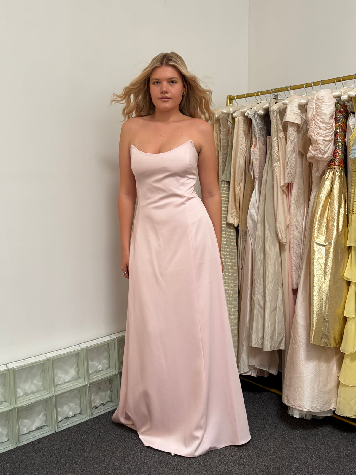 Vintage 90s Shelli Segal baby pink strapless evening gown