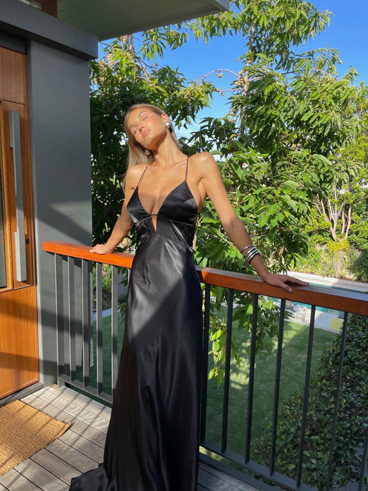 Gala Dress - Vintage 90s black satin evening gown with train