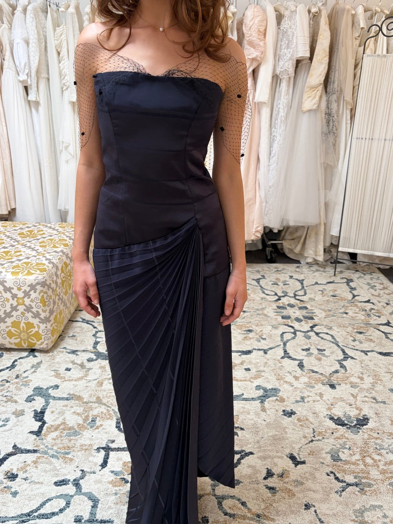 Vintage 00s strapless midnight pleated evening gown with net bolero
