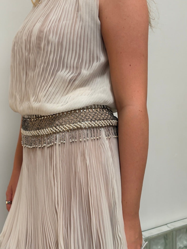 Vintage 80s ivory pleated drop waist mini dress with fringe beading