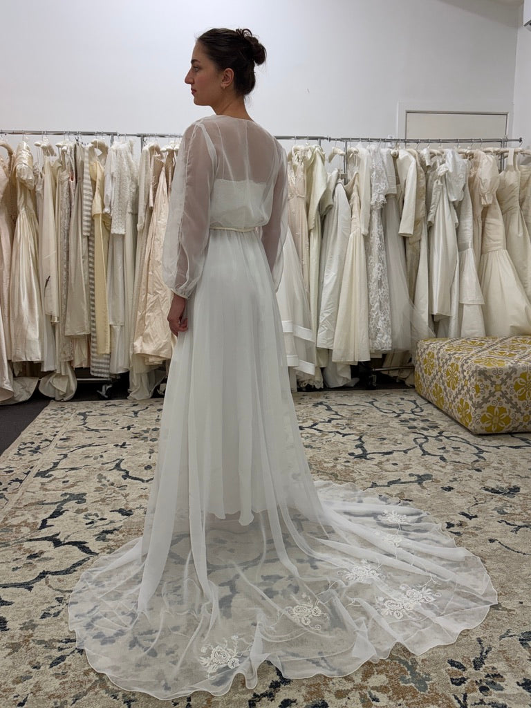 Vintage 70s ivory wedding dress with long sleeve bolero and train
