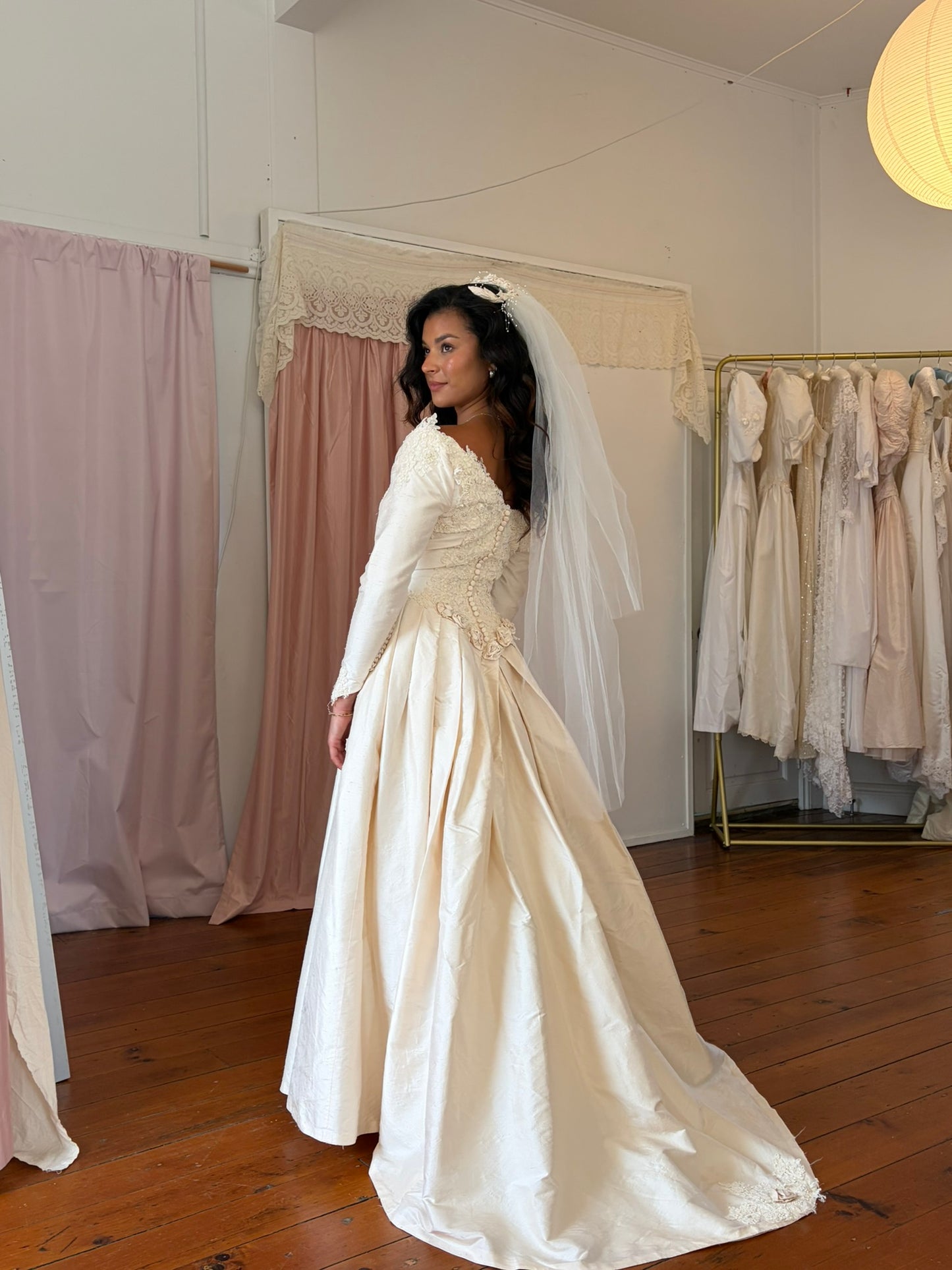 Vintage 1991 Silk dupion lone sleeve wedding gown with matching veil