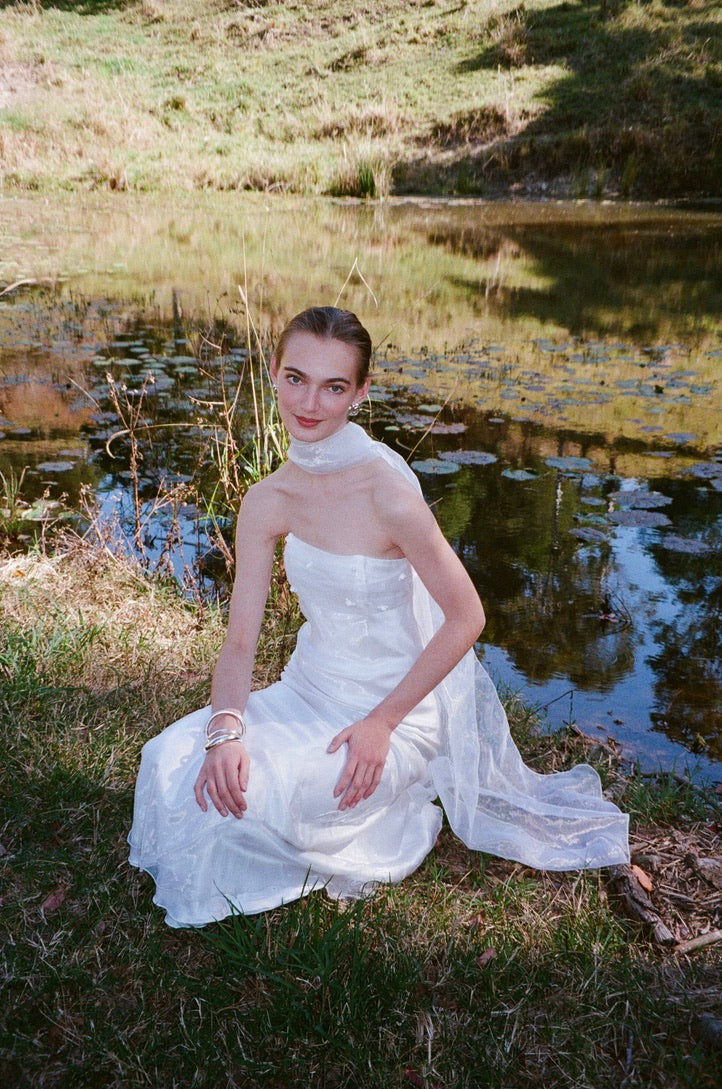 Vintage 90s strapless organza gown with neck scarf