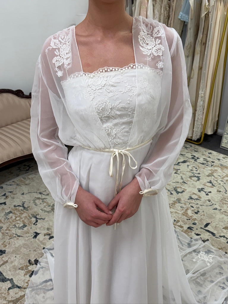 Vintage 70s ivory wedding dress with long sleeve bolero and train