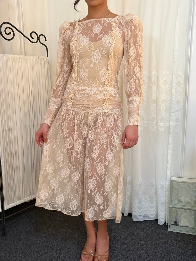 Vintage 80s drop waist long sleeve blush lace midi dress