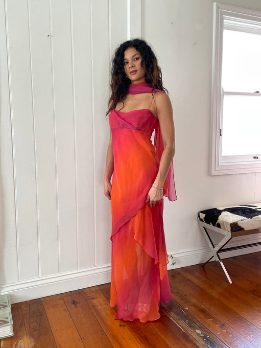 Sunset Dress - Vintage 90s ombre layered maxi with neck scarf