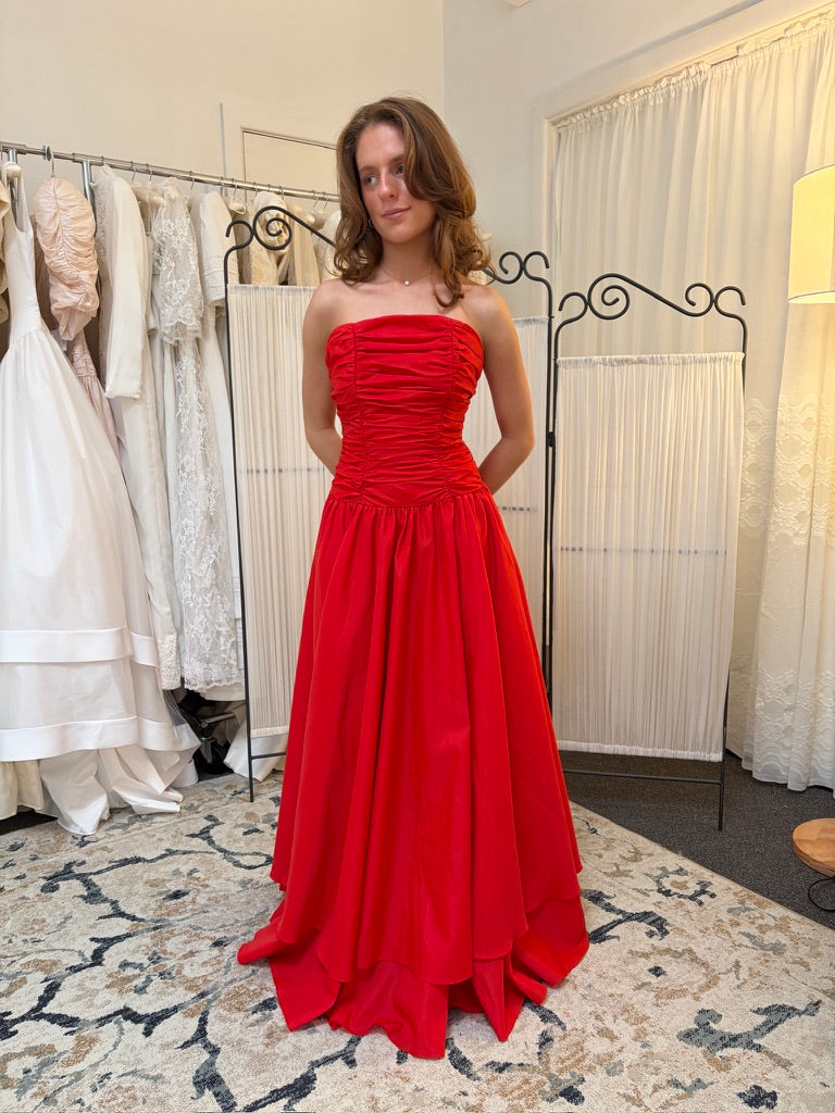 Vintage 80s cherry red strapless drop waist tiered evening gown