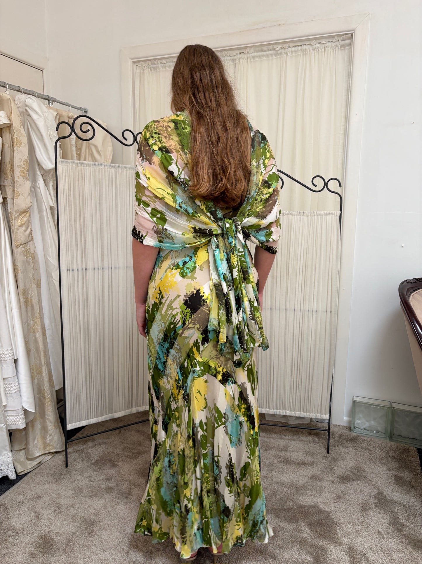 Vintage 00s Melinda Eng silk strapless evening gown with shawl