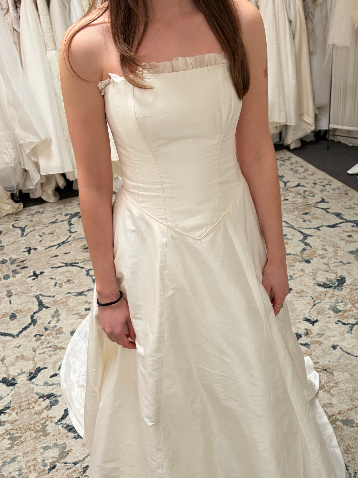 Vintage 90s pure silk dupion strapless a-line wedding dress with silk organza trim