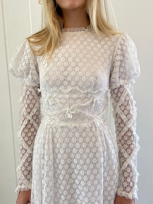 Vintage 70s lace high neck long sleeve wedding dress