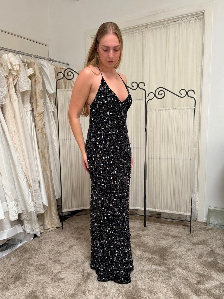 Vintage 00s black open back sequinned evening gown