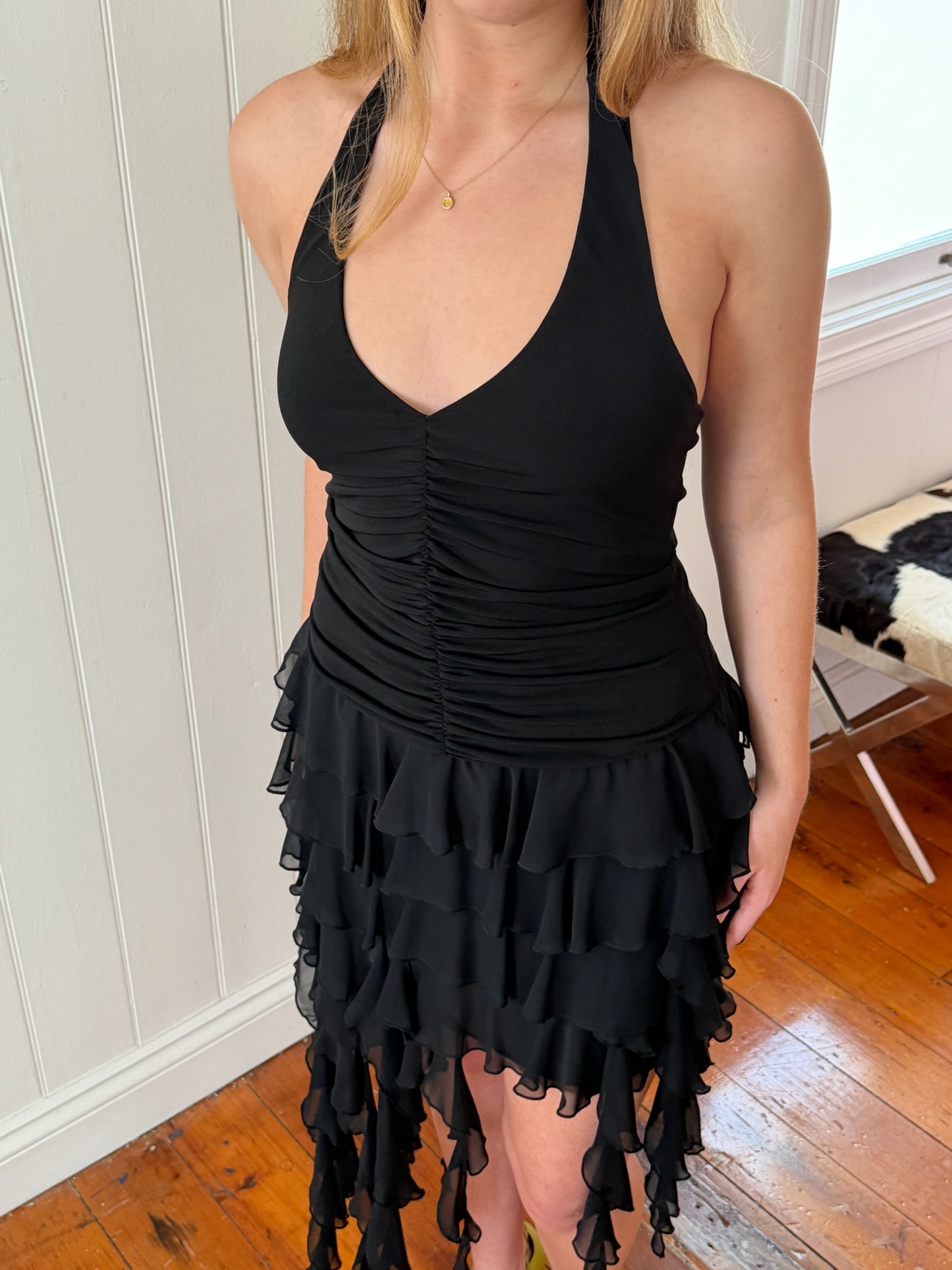 Vintage 90s black asymmetrical halter neck jellyfish dress