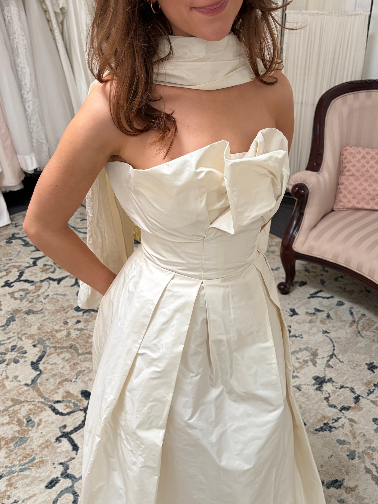 Vintage 00s cream taffeta strapless wedding dress with waist tie