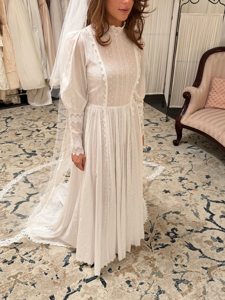 Vintage 70s embroidered cotton voile long sleeve wedding dress with train