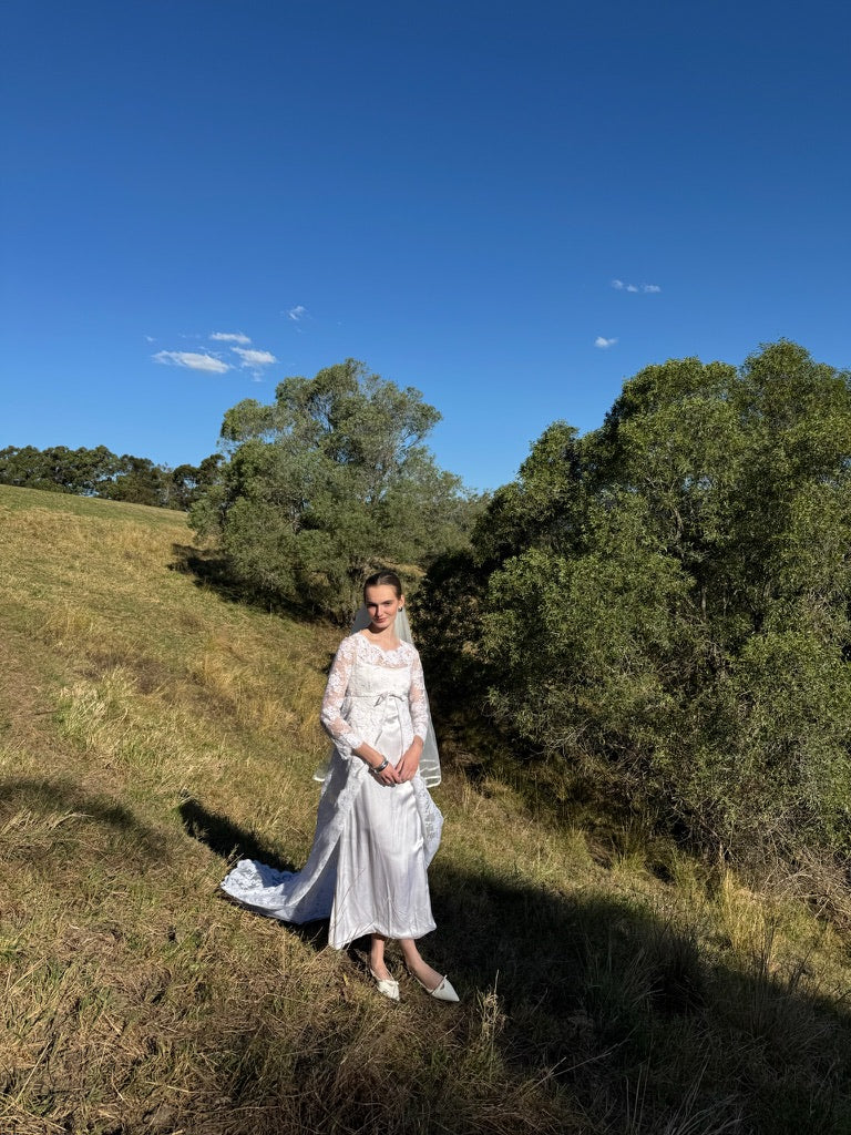 Vintage 60s long sleeve satin column gown with lace cape