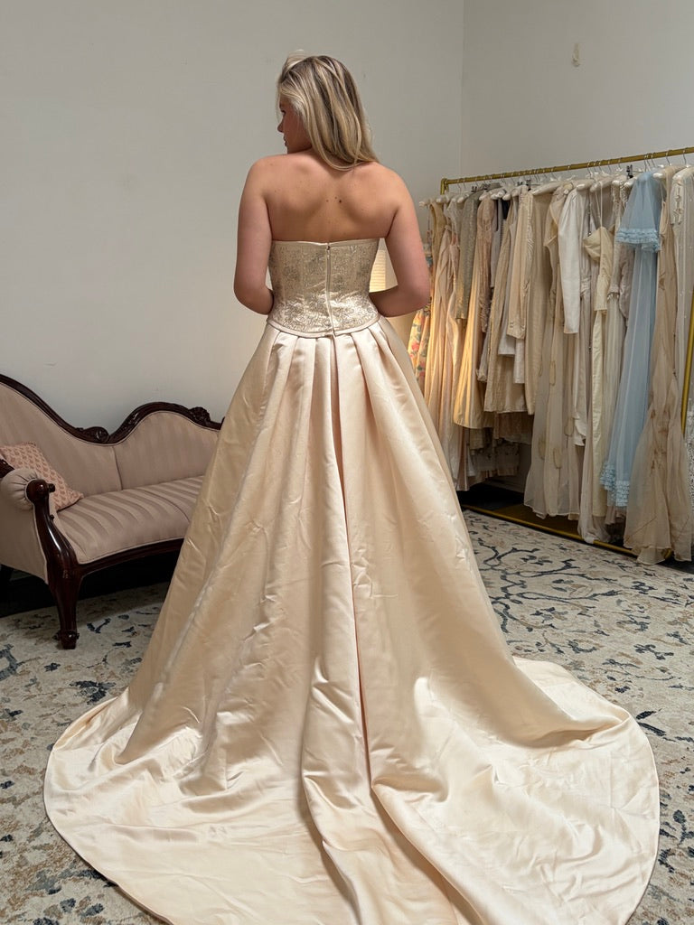 Vintage 00s Pronuptia champagne strapless wedding dress with detachable train