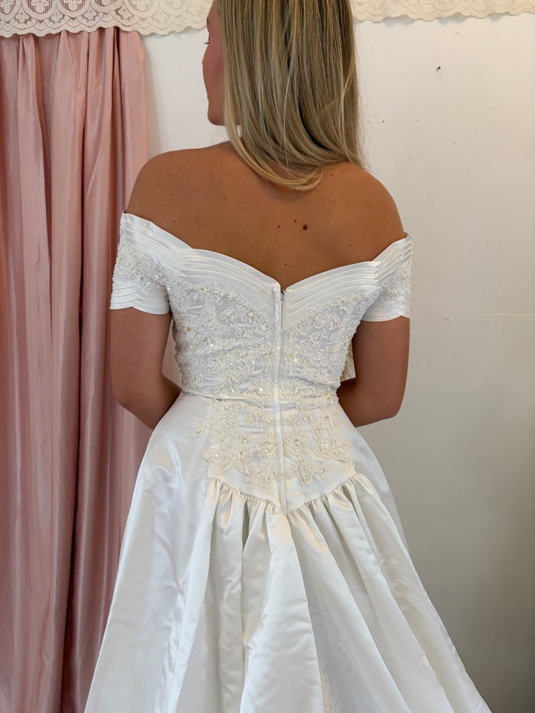 Vintage 90s ivory off shoulder pleated wedding gown with train