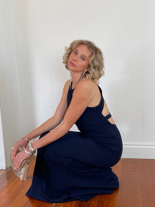 Vintage y2k Vera Wang navy high neck gown