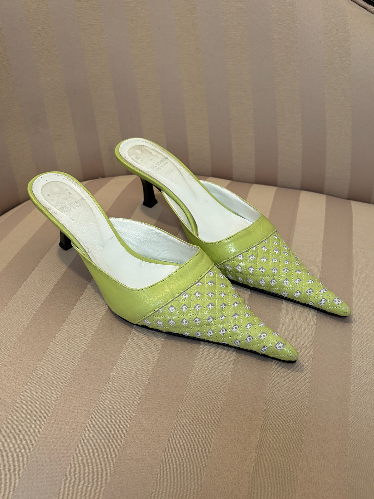 Vintage 00s lime green italian pointed toe kitten heels