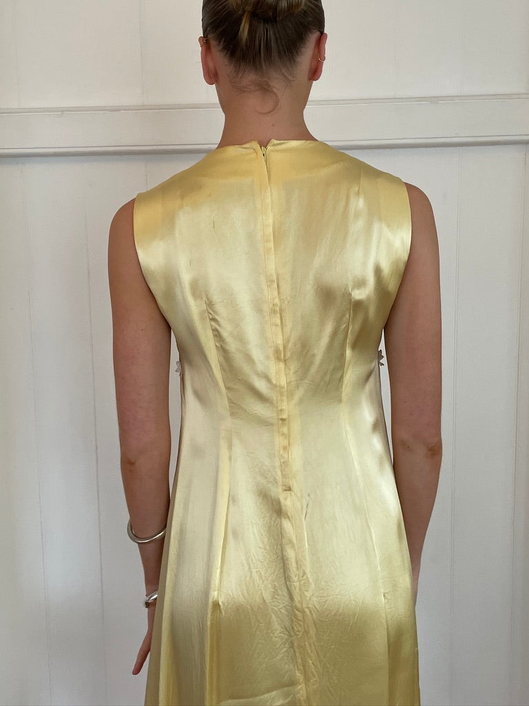 Vintage 60s butter yellow satin midi dress with lace trim