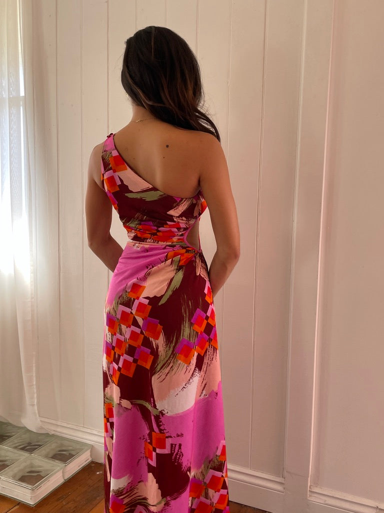 Vintage 70s colourful one shoulder maxi dress with cutout