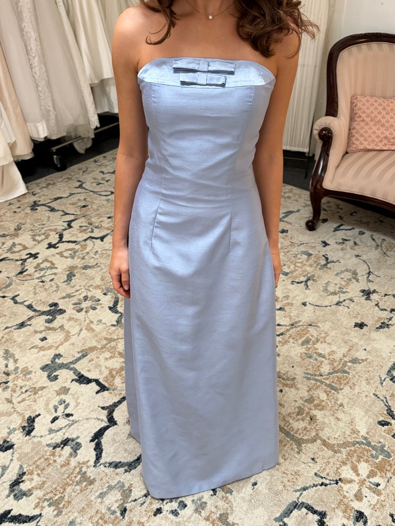 Vintage 90s blue strapless evening dress with bows