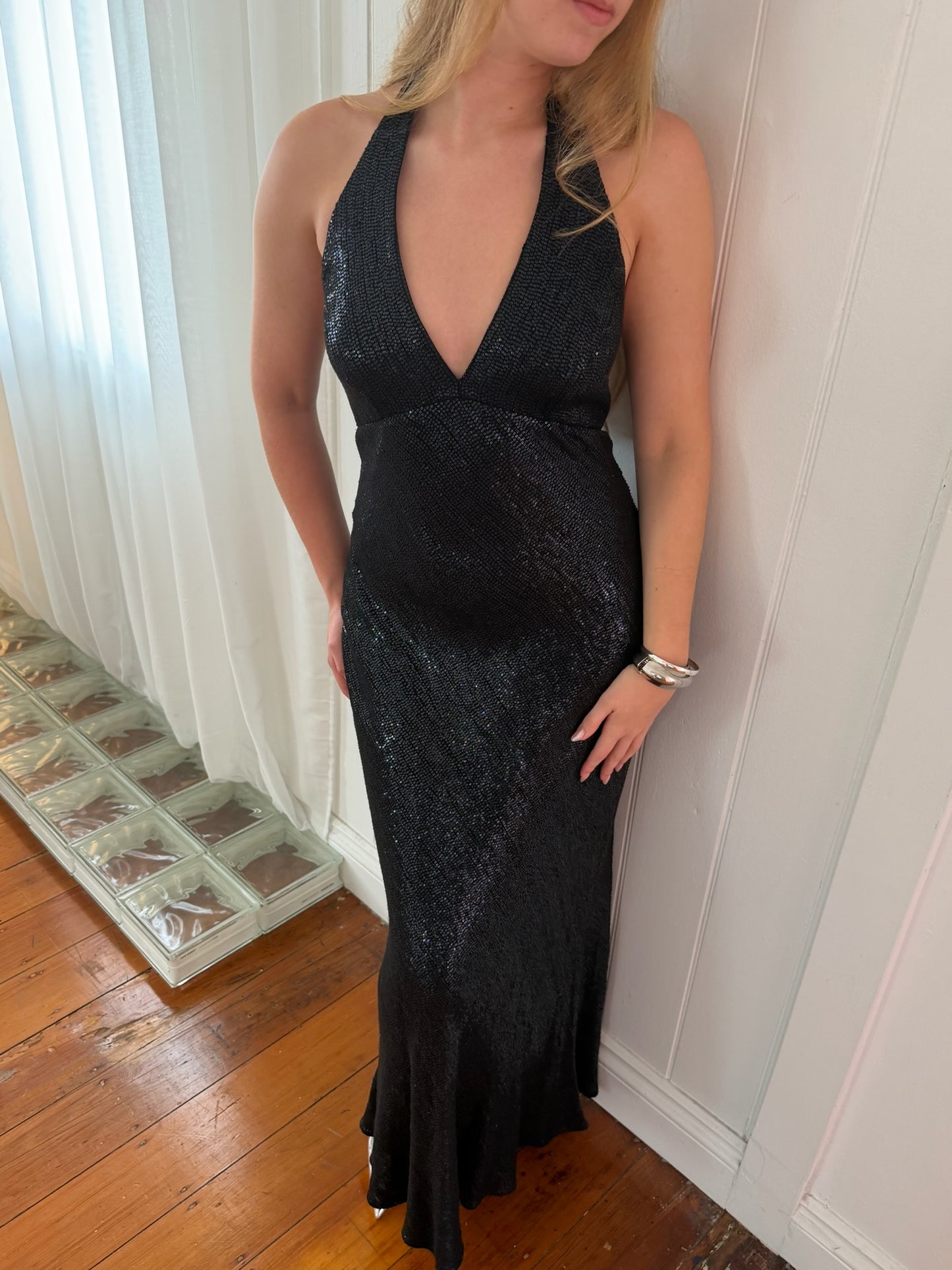 Vintage 00s black sequinned halter evening gown with open back