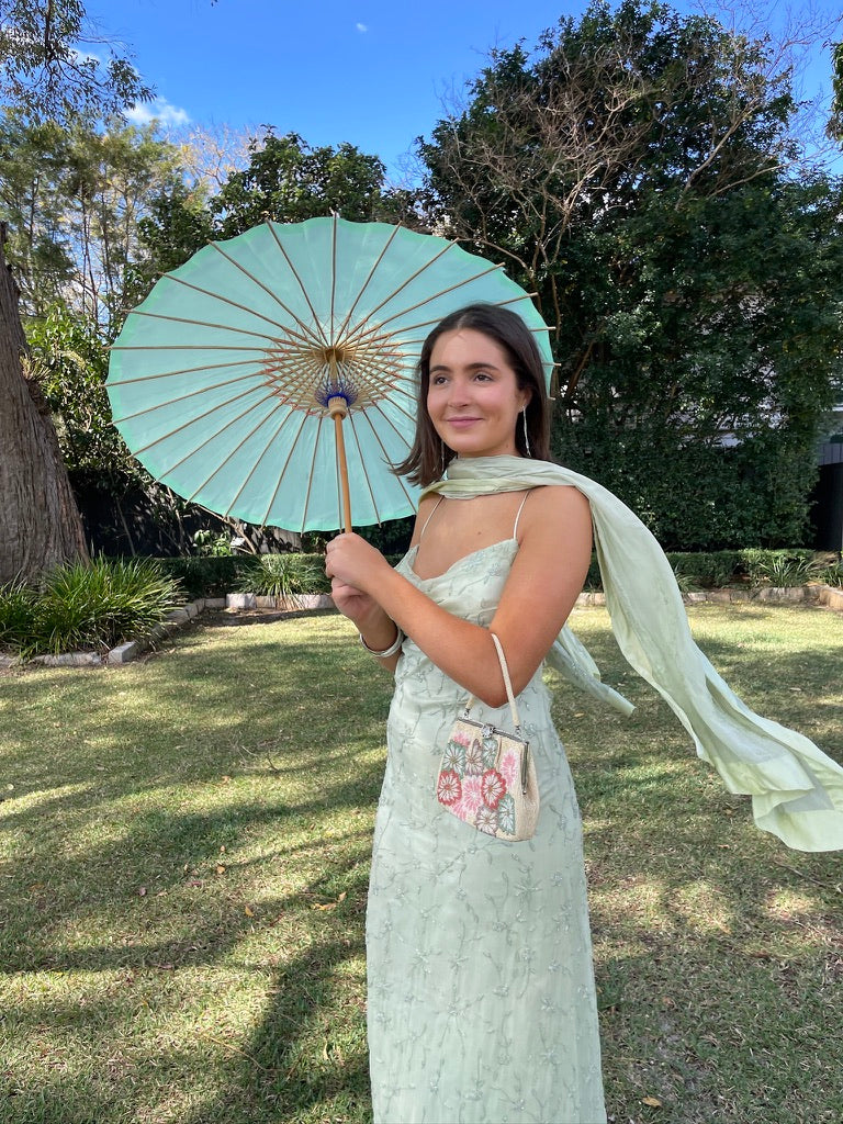 Vintage 90s pistachio green silk beaded open back evening dress