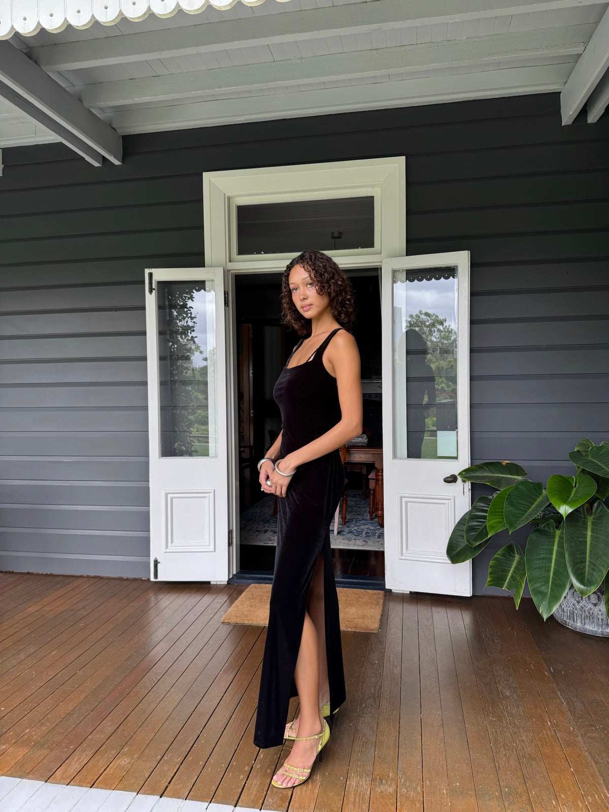 Vintage 90s black velvet maxi with open back and beaded details