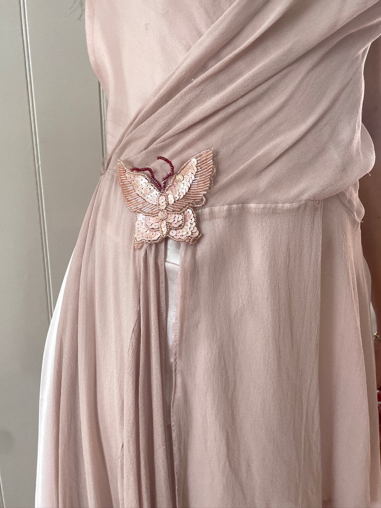 Vintage 90s pink silk bias cut mini dress with beaded butterfly