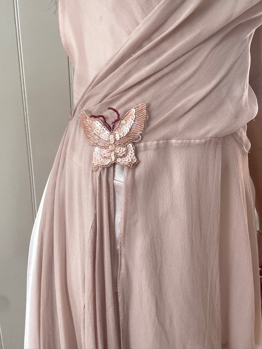 Vintage 90s pink silk bias cut mini dress with beaded butterfly