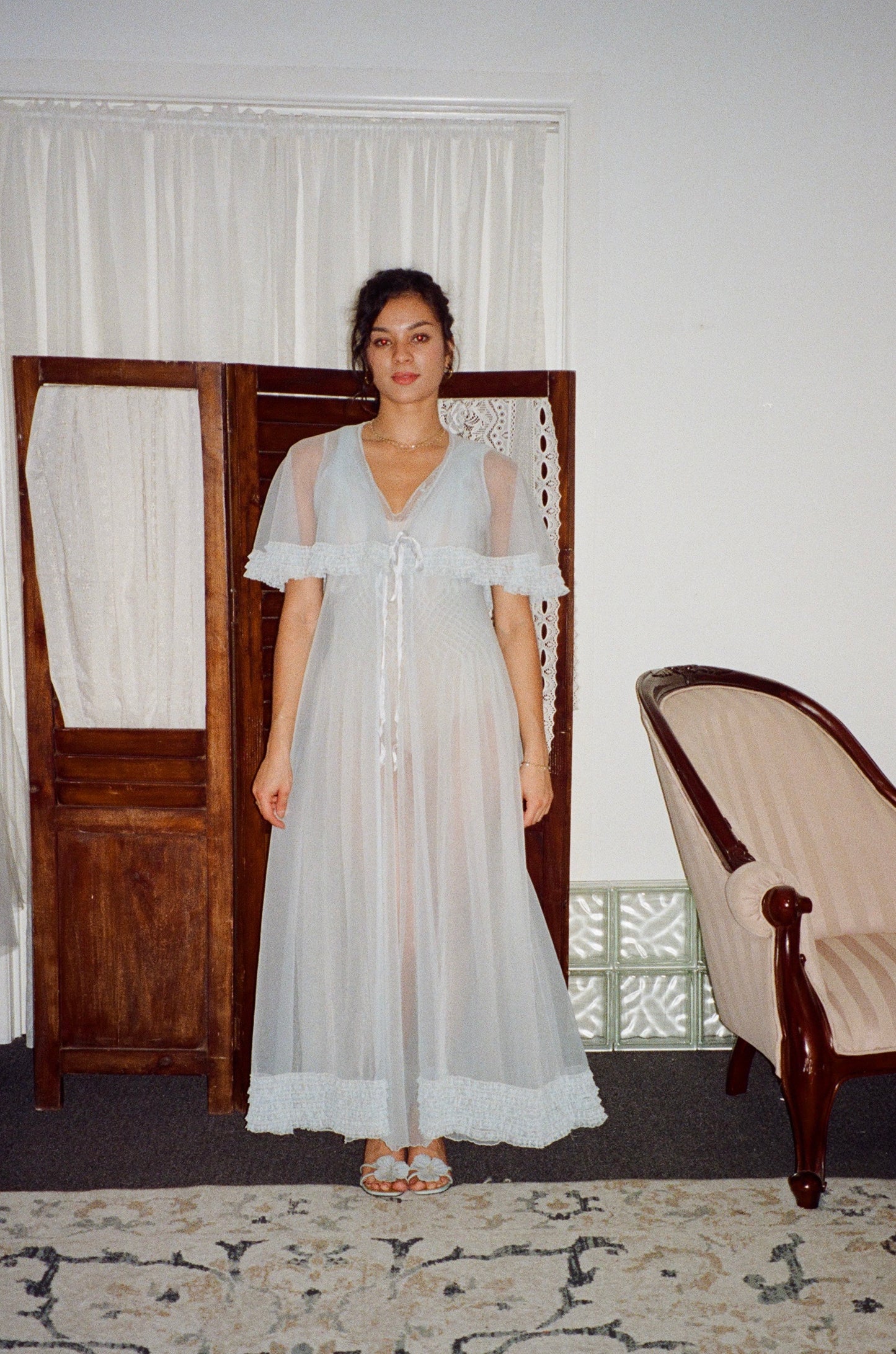 Vintage 50s ice blue sheer nylon slip dress and cape