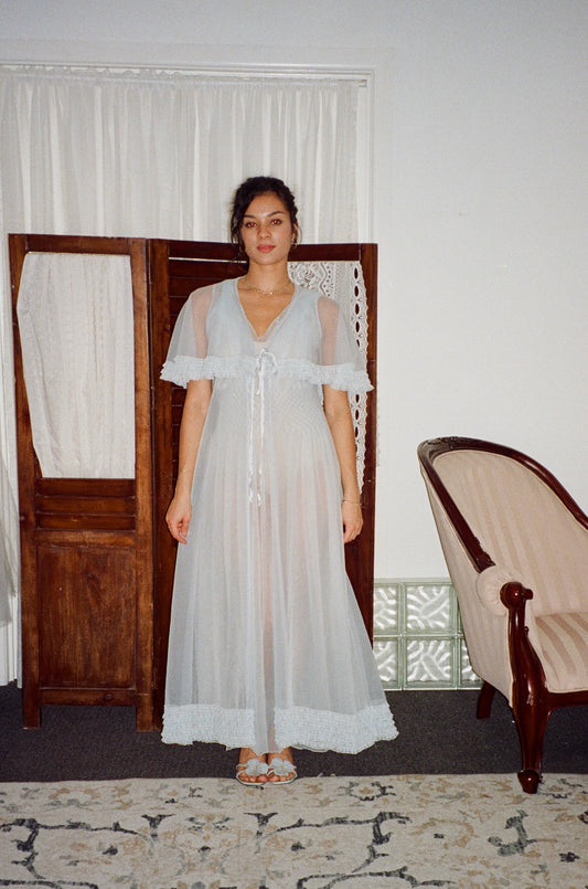 Vintage 50s ice blue sheer nylon slip dress and cape