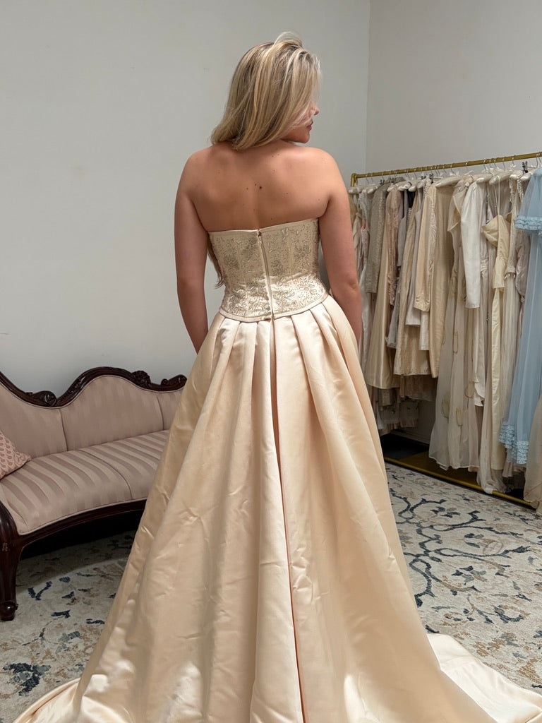 Vintage 00s Pronuptia champagne strapless wedding dress with detachable train