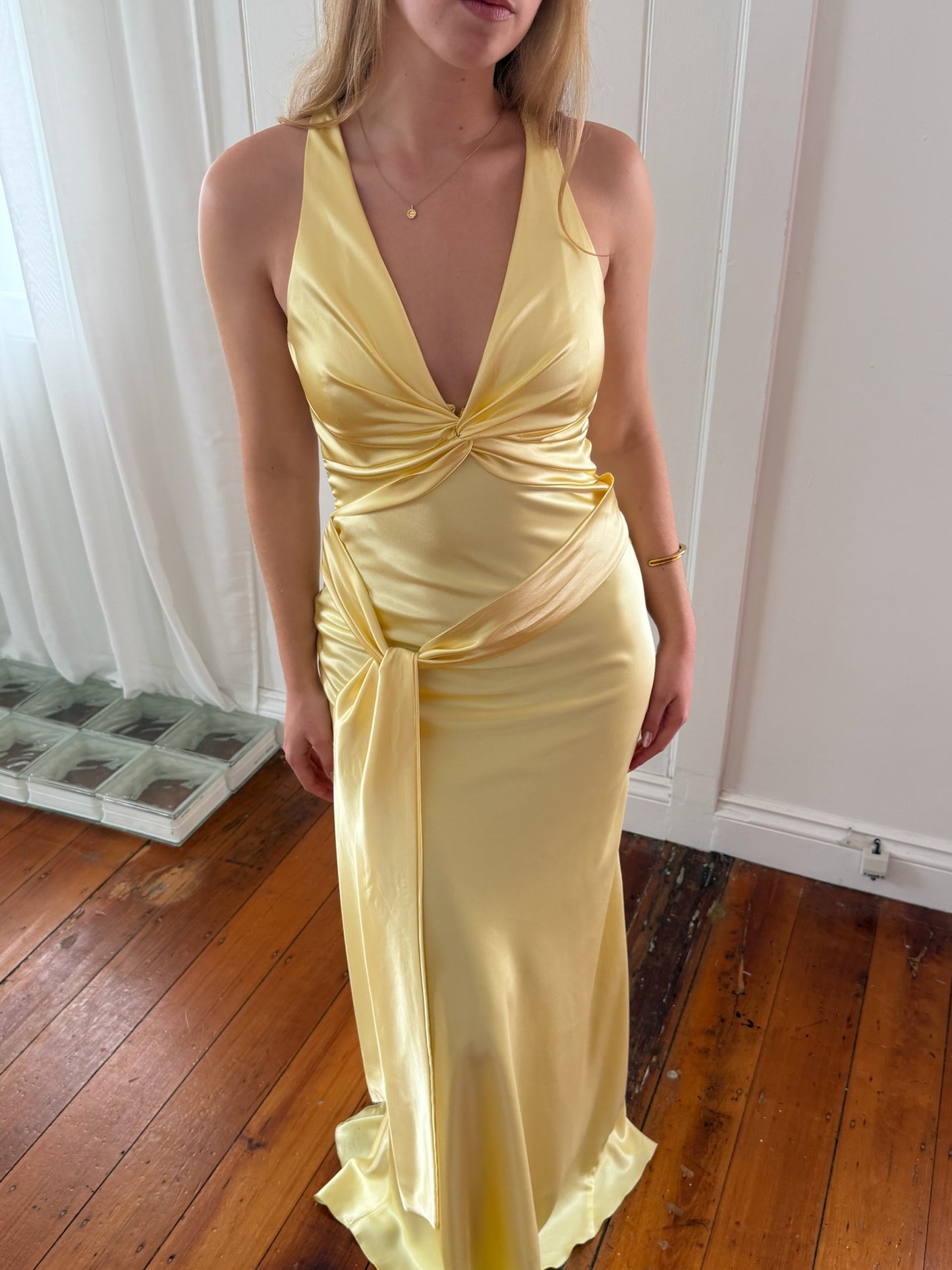 Vintage Y2K lemon yellow open back satin evening gown