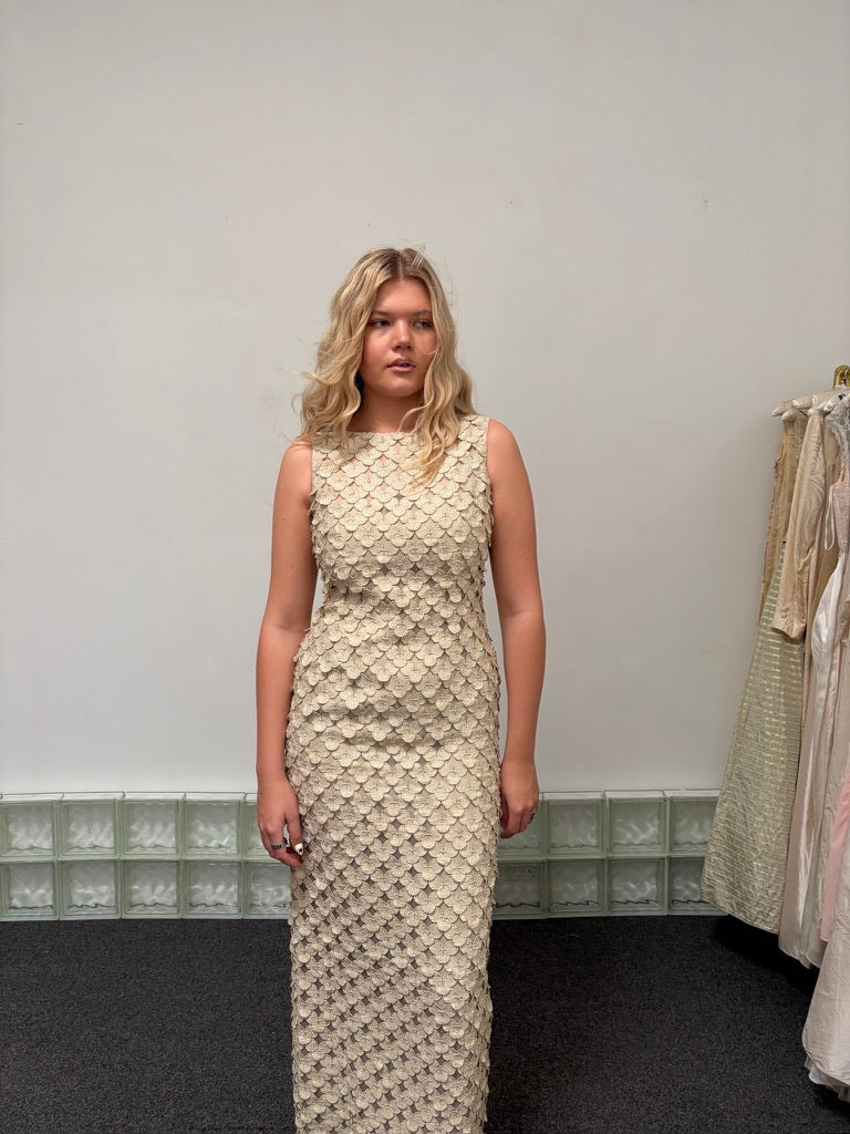 Vintage 90s couture gold laser cut high neck evening gown