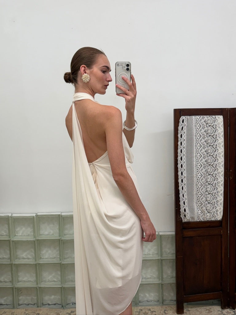 Vintage Y2K ivory draped t-back midi dress