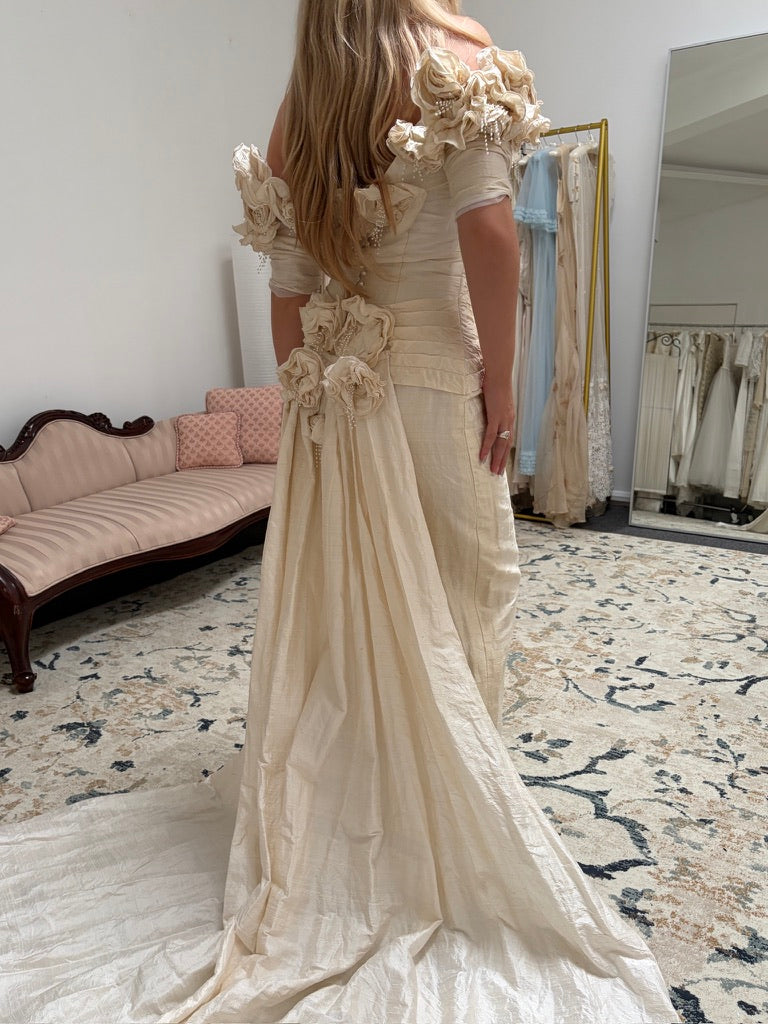 Vintage 90s Jean Fox pleated off shoulder wedding dress with detachable train