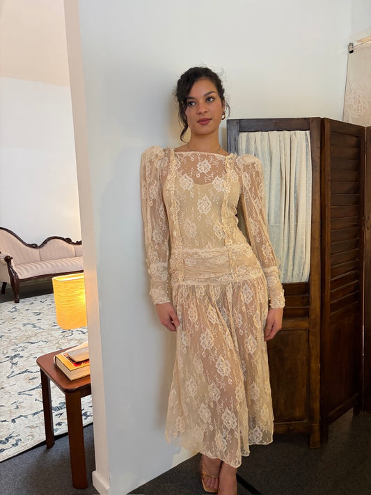 Vintage 80s drop waist long sleeve blush lace midi dress